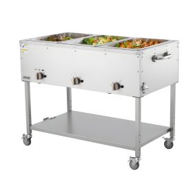 3-Pan Commercial Propane Steam Table, LP Gas Outdoor Soup Warmer with Drain Valve and 3" Wheels